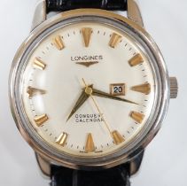 A gentleman's stainless steel Longines Conquest Calendar manual wind wrist watch, on Longines