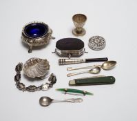 A late Victorian silver bun salt and other items including silver mounted pin cushion, silver