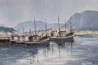 Webb, oil on canvas, Fishing boats in harbour, signed, 60 x 90cm