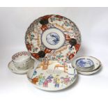 Two Chinese tea bowls and saucers two plates etc plates 25cm diameter