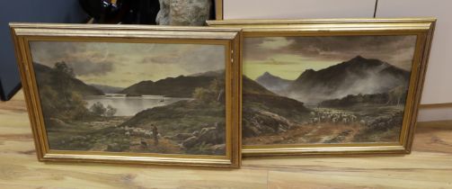 John Macwhirter (1839-1911), pair of colour photolithographs, Shepherds passing lochs, 41 x 63cm