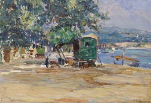 French School c.1900, oil on panel, Coastal view, indistinctly signed, 22 x 32cm