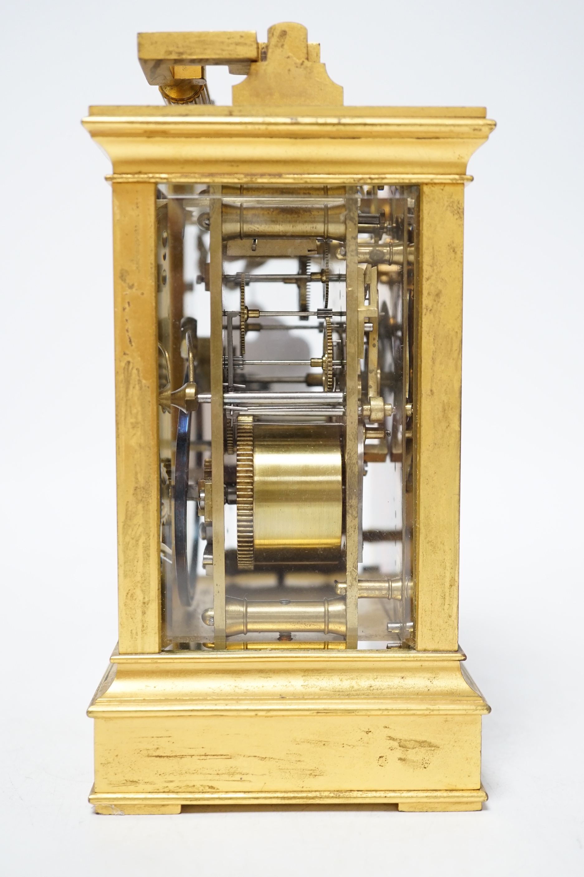 ** ** A late 19th century French gilt brass cased eight day repeating carriage clock with key, - Image 3 of 6