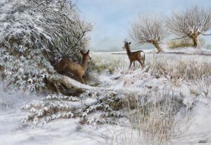 Ken Turner (b.1926) oil on board, 'Roe deer in the snow', signed, 44 x 65cm