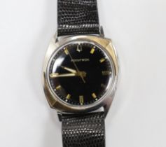 A gentleman's stainless steel Bulova Accutron wrist watch, with black dial, on an Accutron strap,