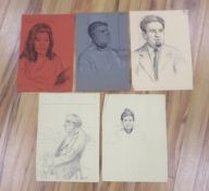 Clifford Hall (1904-1973), five ink, pencil and pastel portraits on paper, one signed, all dated,