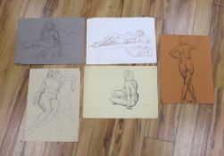 Clifford Hall (1904-1973), five ink and pencil nude studies on paper, largest 38 x 28cm, unframed