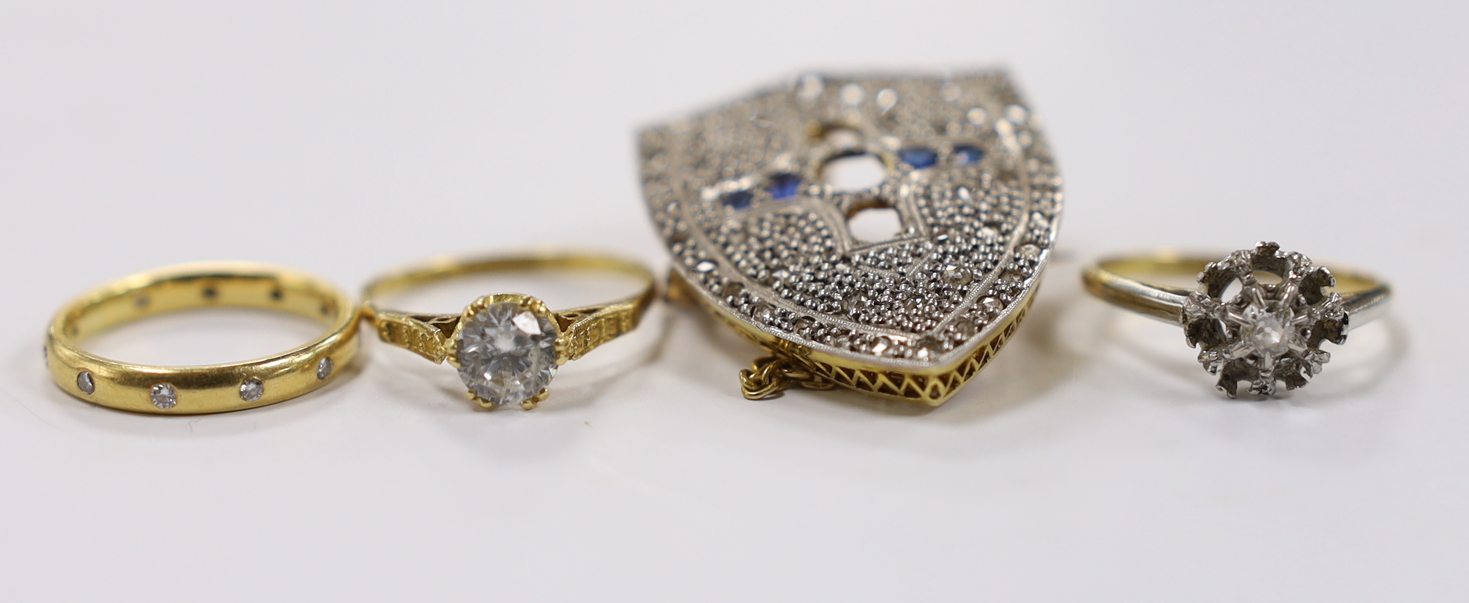 A late 19th century yellow metal, rose cut diamond and sapphire cluster set shield shaped brooch ( - Image 2 of 2