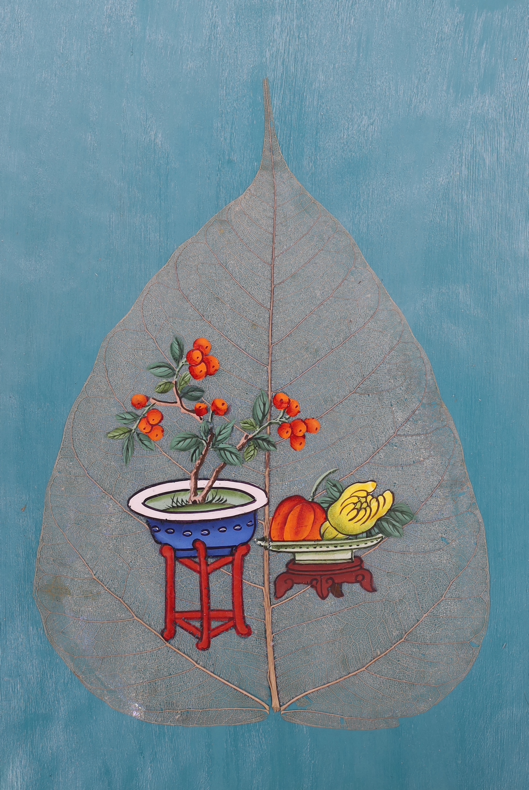 Chinese School, two gouaches on mulberry leaves, Still life of fruit and flowers, mounted and framed - Image 2 of 3