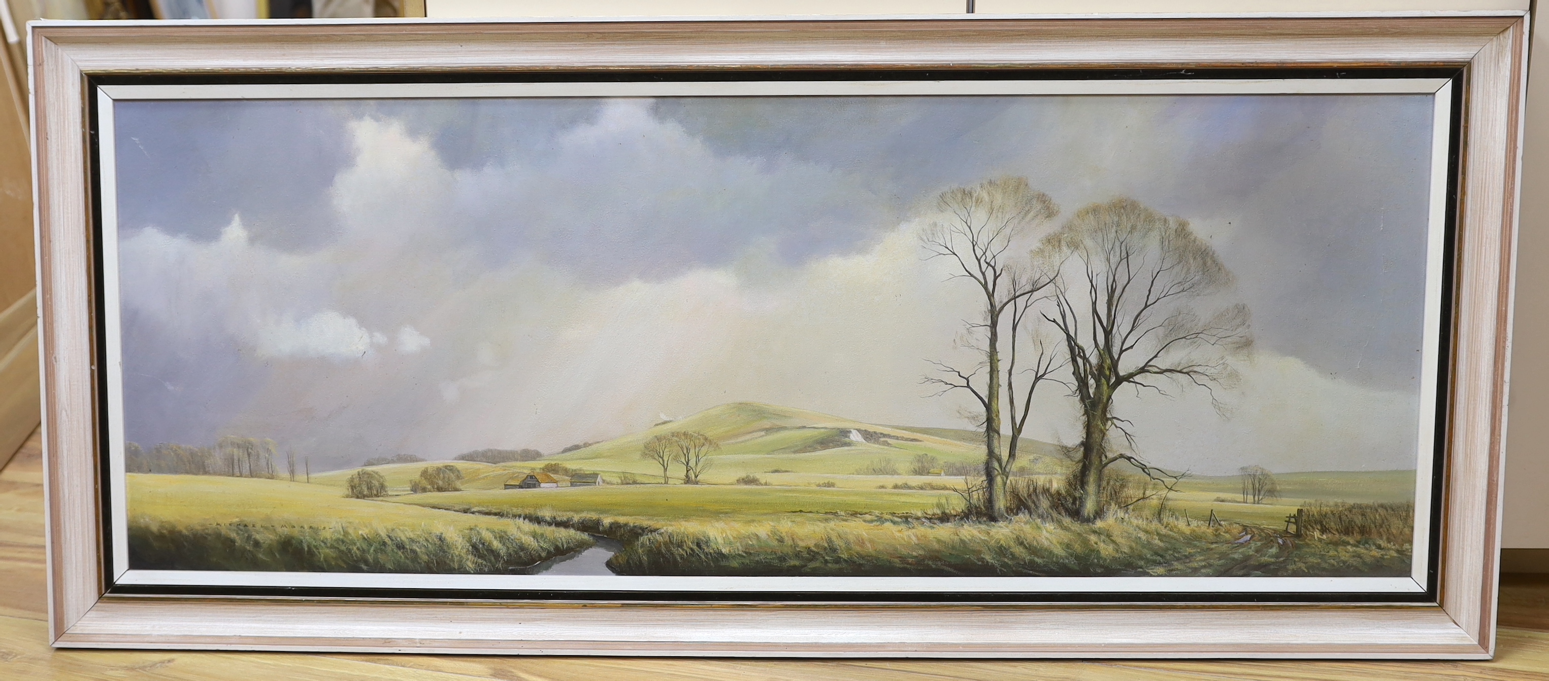 Michael Morris (1938-2010), oil on canvas, 'Wolstonbury Hill, Sussex', E. Stacy-Marks label verso, - Image 2 of 5