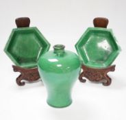 A Chinese green crackle glaze Meiping, late 19th/early 20th century and a pair of Kangxi green