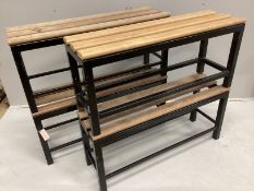 A set of four slatted iron benches, width 100cm, depth 30cm, height 45cm