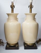 A pair of Chinese glazed table lamps, 43cm to ceramic top