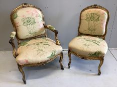 A pair of Louis XVI style gilt fauteuils, one with arms, larger width 65cm, depth 55cm, height