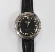 A gentleman's stainless steel Bulova Accutron Astronaut wrist watch, on a leather strap, cased