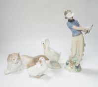 A group of ten Nao figures including a quantity of models of ducks, a cat, a golfer, etc. (all