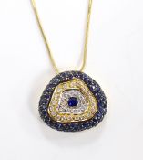 A modern 750 yellow metal, sapphire and diamond cluster set pendant necklace, overall 44cm, gross