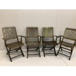 A weathered octagonal teak garden table, width 120cm, height 73cm and four chairs