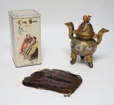 A Chinese cloisonné enamel censer and cover, a tea box containing four tea tins, and a Japanese
