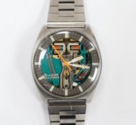 A gentleman's stainless steel Bulova Accutron N3 wrist watch, on a stainless steel bracelet, case