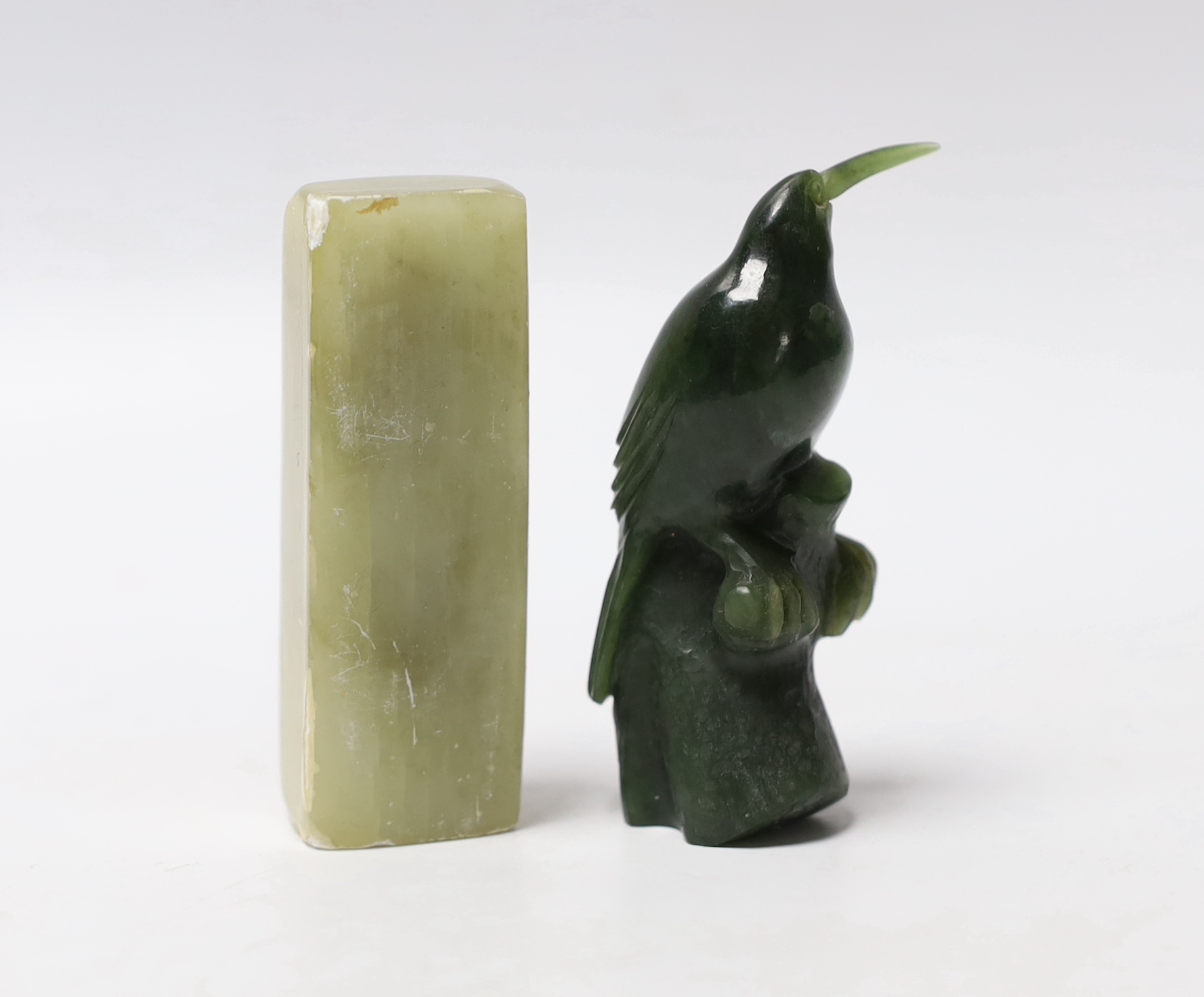 * * A carved spinach green jade model of a bird and a Chinese soapstone scroll weight, largest 7cm - Image 2 of 3
