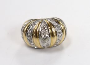 A yellow metal and diamond set five row line cluster set dress ring, size O, gross weight 17.7