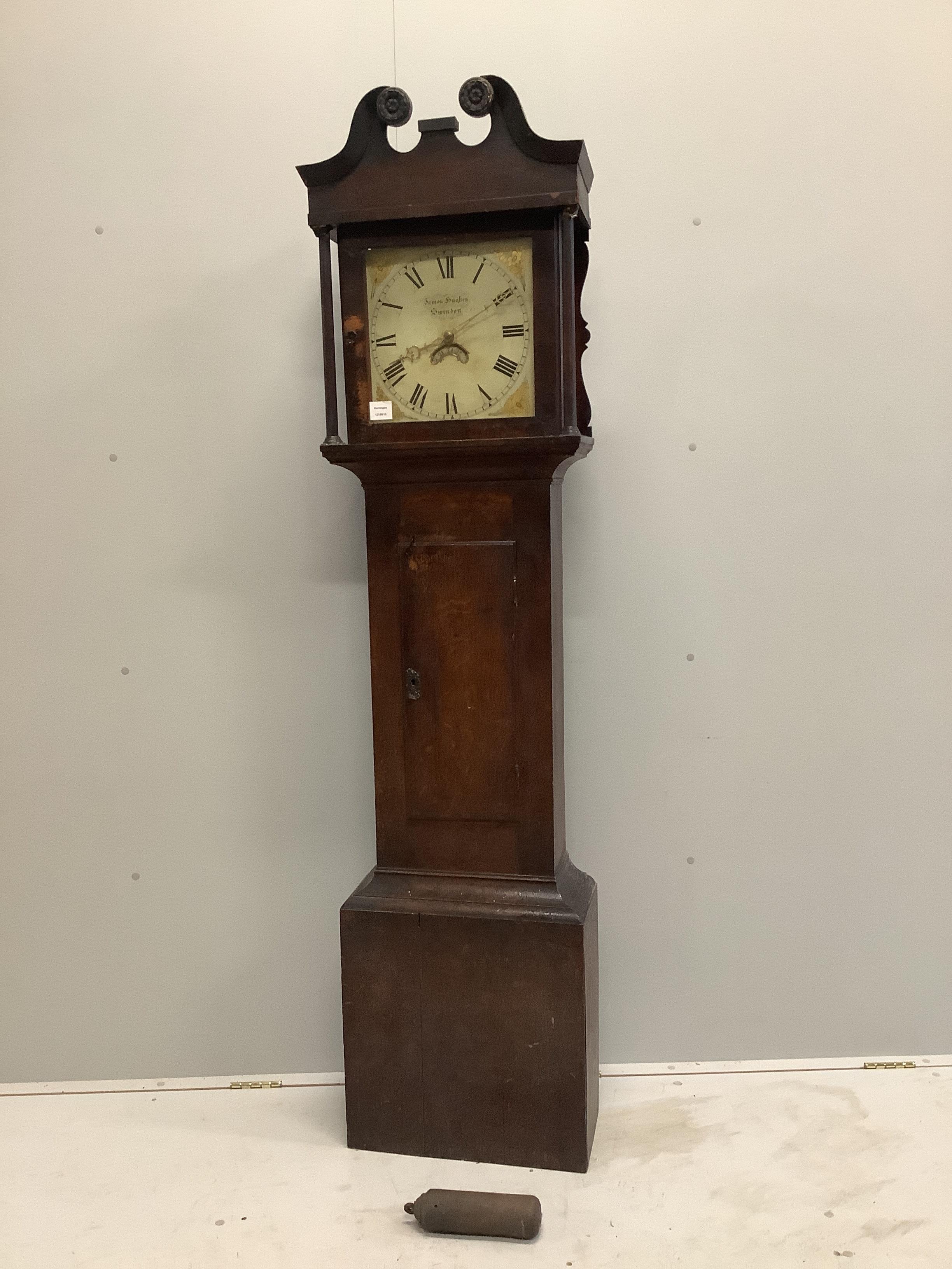 An early 19th century oak thirty hour longcase clock marked James Hughes, Swindon, height 191cm