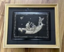 A framed Japanese bone and lacquer panel (album cover), the panel 35 x 27cm