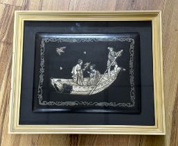 A framed Japanese bone and lacquer panel (album cover), the panel 35 x 27cm