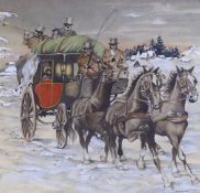 W.R Earthrowl (Modern British), watercolour, Stagecoach driving in winter landscape, signed and