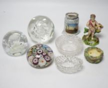 Mixed glass, scent bottles, paperweights, Staffordshire figure etc. (17 items)