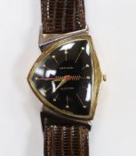 A gentleman's 10k gold filled Hamilton Electronic wrist watch, on a later lizard strap, with