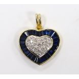 A modern 18k and heart shaped diamond cluster set pendant, with shaped cut sapphire set border,