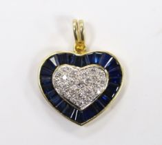 A modern 18k and heart shaped diamond cluster set pendant, with shaped cut sapphire set border,