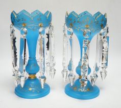 A pair of 19th century turquoise glass table lustres, 26cm high