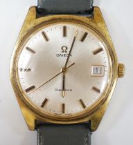 A gentleman's steel and gold plated Omega manual wind wrist watch, with date aperture, on associated