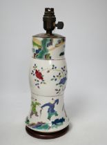 An early 19th century Chinese famille rose gu vase, converted to a lamp, reduced, apocryphal