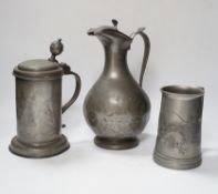 Six pewter items including an 18th-century Continental wriggle work tankard, two more tankards and