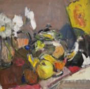 Gordon Bryce (b.1943), impressionist oil on canvas, Still life of silver teapot and yellow fan,