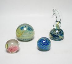 Three Mdina style glass paperweights and a Chinese paperweight (4)