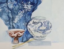 Christine Goldsmith, watercolour, Still life of a Chinese vase, stem bowl and chop sticks, signed,