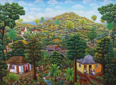 Jean David Boursiquot (Haitian 1949-), oil on canvas, 'Bus on a Bridge', 117 x 91.5cm
