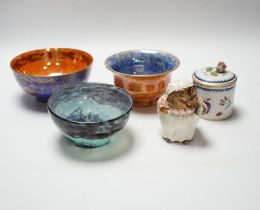 Two Wedgwood lustre bowls, a Vasart type glass bowl and two other items comprising Beatrix potter