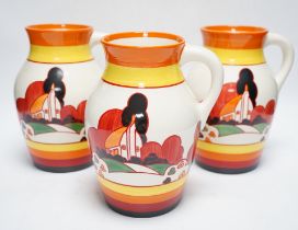 Three Wedgwood Bizarre Clarice Cliff Lotus jugs - Farmhouse pattern, limited edition with boxes