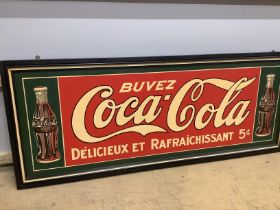 A large reproduction rectangular Coca Cola advertising sign, width 211cm, height 86cm