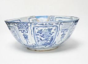 A large Chinese Kraak blue and white bowl, early 17th century, 34.5cm diameter (a.f.)