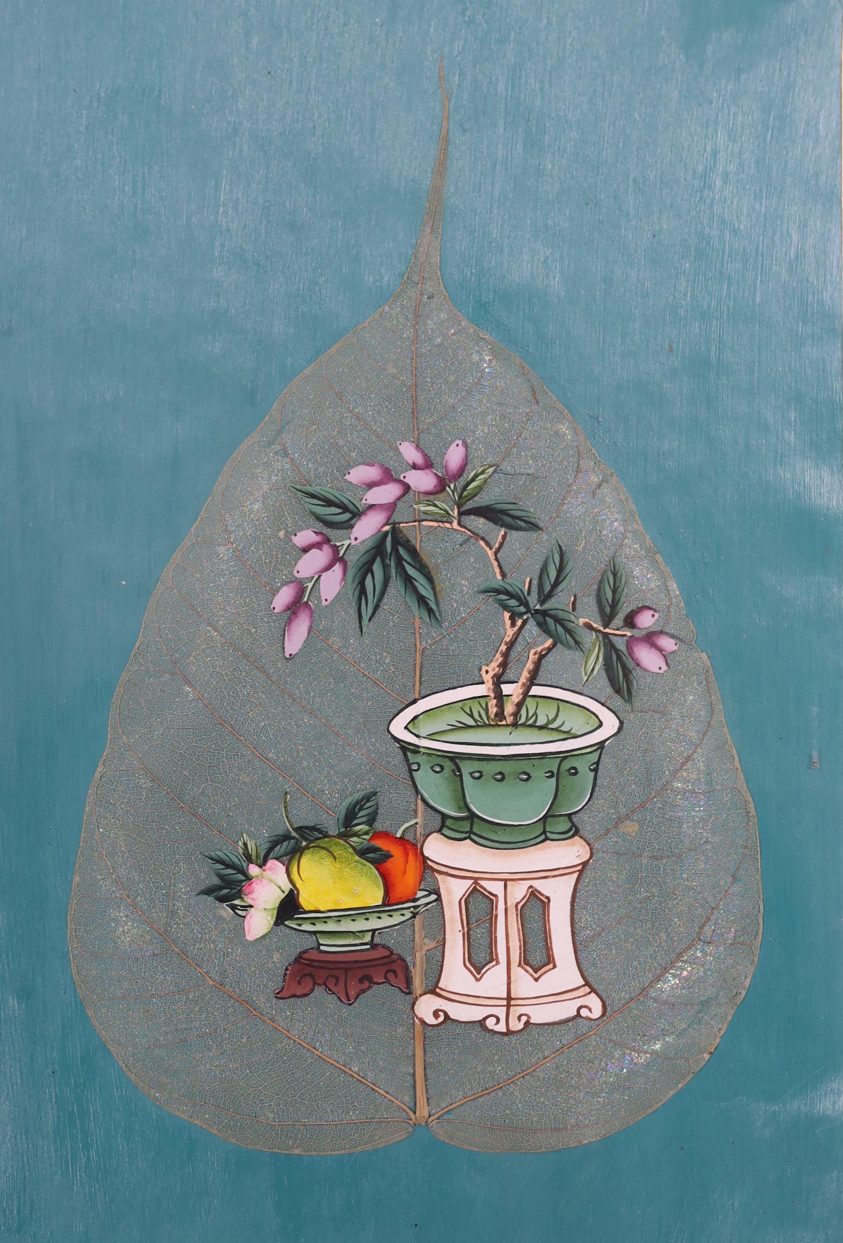Chinese School, two gouaches on mulberry leaves, Still life of fruit and flowers, mounted and framed - Image 3 of 3