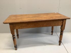 A Victorian pine and mahogany centre table, width 143cm, depth 67cm, height 76cm