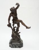 A bronzed spelter dancing figure of Bacchus - ‘Le Vin’, with a fawn and bunches of grapes, on a