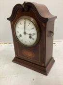 An Edwardian inlaid mahogany mantel clock with enamel dial, 32cm high